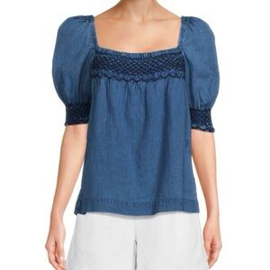 Faherty Blue Puff Sleeve Smocked Blouse